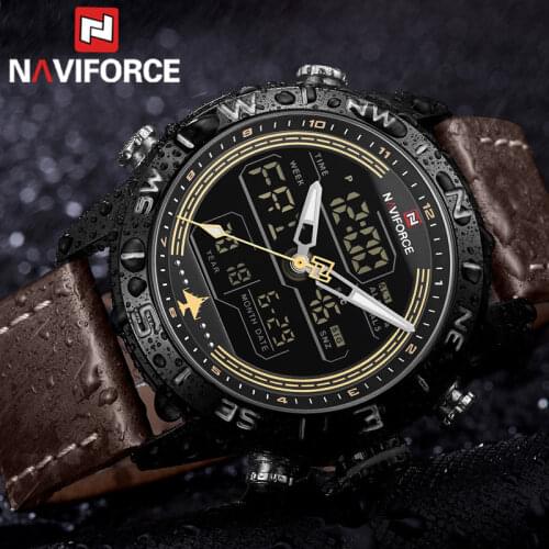 NAVIFORCE Men Watch Top Brand Luxury Quartz Digital Dual Display Male Clock Genuine Leather Military Sport Man Wristwatch 9144