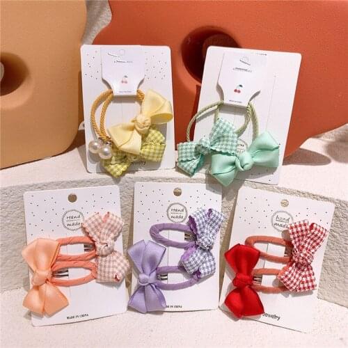 2021 New Sweet Girl Simple Beautiful Plaid Fabric Bow BB Clip Korean Fashion Childrens Pearl Bow Rubber Band Hair Accessories
