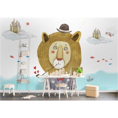 Papel de parede 3d simple cartoon lion childrens room backdrop Wall village forest hut night oil painting TV