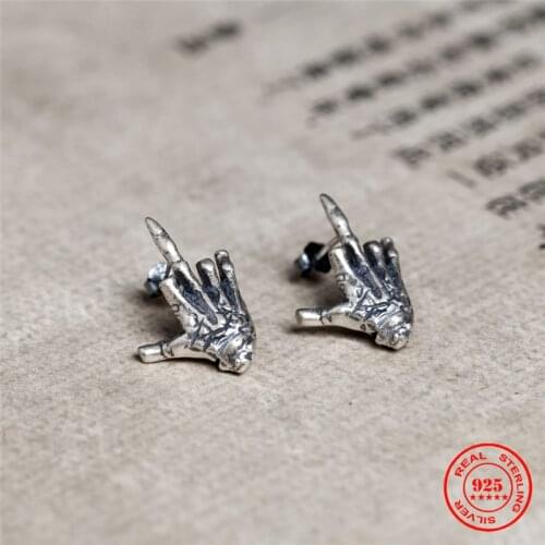 MKENDN 100% 925 Sterling Silver Creative Retro Skull Demon Hand Middle Finger Shape Stud Earring Hip-hop Street Punk Ear Jewelry