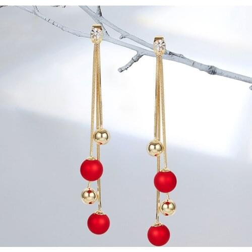 2021 South Korea Long Tassel Earrings Red Pearl Exaggerated Temperament Fashion Earrings Korean Fashion