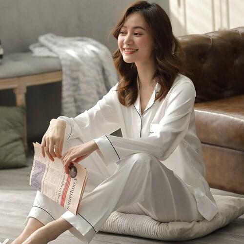 Silk Satin Women Pajama Summer Pijama for Ladies PJs Set 2Pieces Solid Sleepwear Sleep&Lounge Long Sleeve Leisure Wear Pajamas