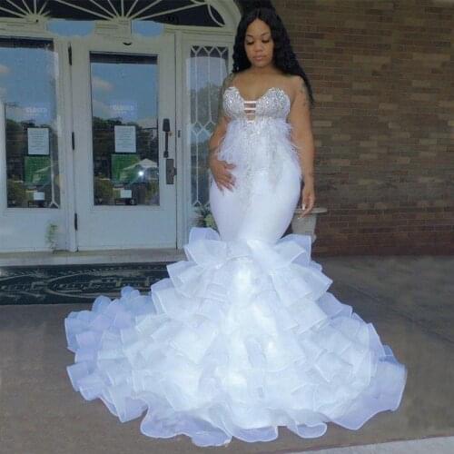 African Mermaid Wedding Dresses Plus Size Women Feathers Beads Sequins Appliques Ruffles Tiered Bridal Dress vestido de noiva