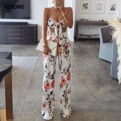 TIESOME 2020 Summer New Sexy Women Floral Print Lace Up Top And Trousers Two Pieces Suit High Street Female Clothes Sleeveless
