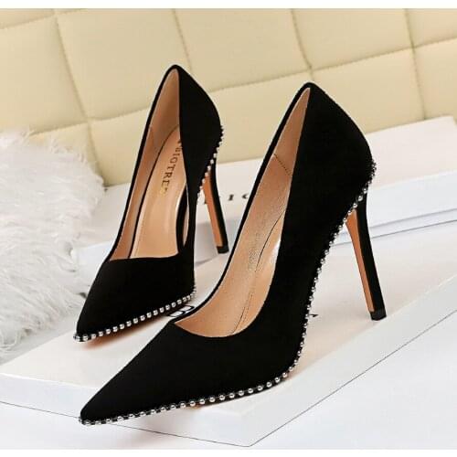 BIGTREE Women Shoes Rhinestones Flock 8CM Thin High Heels Pointed Toe Pumps Patent Leather Dress Boat Wedding shoes for women