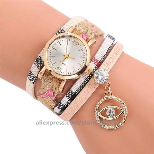 Women leather dot eye shape rhinestone pendant leather watch wrap around elegance wristwatch for women long watches