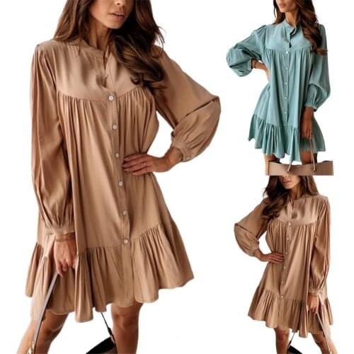 Women Sundress T Shirt Dress Summer Beach Dress Party Dress Women Dress Long Sleeve Fashion Vintage Ruffled Front Button Dress