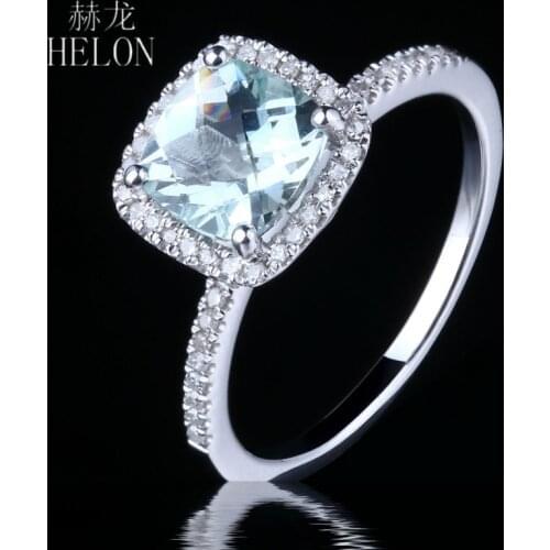 HELON 7x7mm Cushion Cut 1.3ct Genuine Aquamarine 0.18ct Diamond Engagement Wedding Ring Real 14k White Gold Jewelry Women Ring
