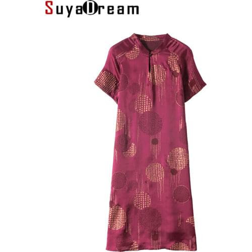 SuyaDream Woman Mid Dress 100%Real Silk Stand Collar Printed Dresses 2021 Autumn Summer Vintage Dresses