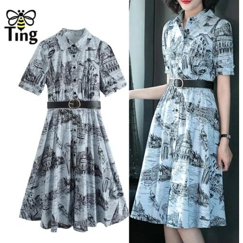 Tingfly Vintage House Printing Women Summer Elegant Office Work Dress with Belt Casual Single Breasted Large Size Vestidos Robes