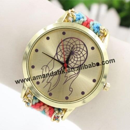 100pcs/lot Ring Handmade Rope Bracelet Wristwatch Bohemia Geneva Golden Chain Fabric Dress Watch Fashion Women Casual Watch
