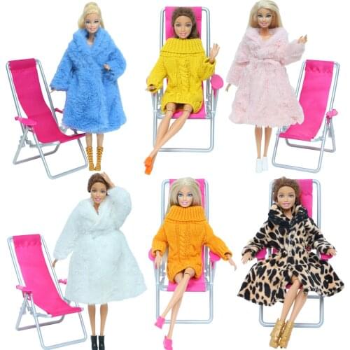 3 Pcs/Set = 1 Doll Sweater Coat Winter Dress + 1 High Quality Shoes + 1 Beach Chair Accessories for Barbie Doll Baby Girl Toy