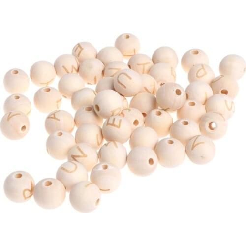 50 Pcs Natural Wooden Beads Round DIY Necklace Bracelet Letter Baby Teether Toys