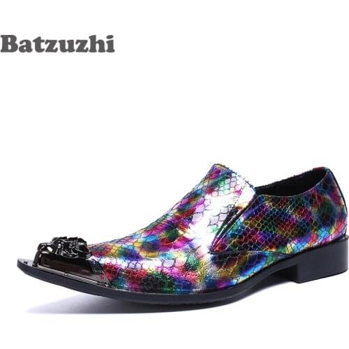 Batzuzhi Italian Leather Mens Dress Shoes Vintage Pointed Metal Tip Formal Leather Dress Shoes Men Color Party and Wedding Shoes