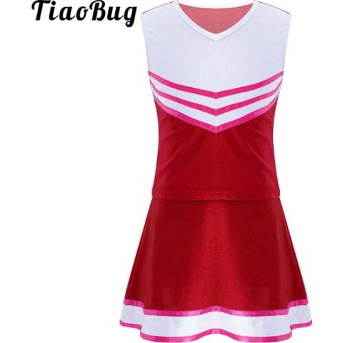 Kids Girls Cheerleading Uniform Suit Elastic Tops with Skirt Set Carnival Sports Cheerleader Costume Sleeveless Dancing Clothes