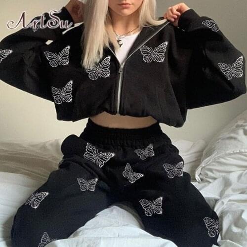ArtSu Butterfly Oversized Hoodies Y2K Zip Up Hoodie Rhinestone Long Sleeve Top Autumn Clothing Black Friends Women Sweatshirts