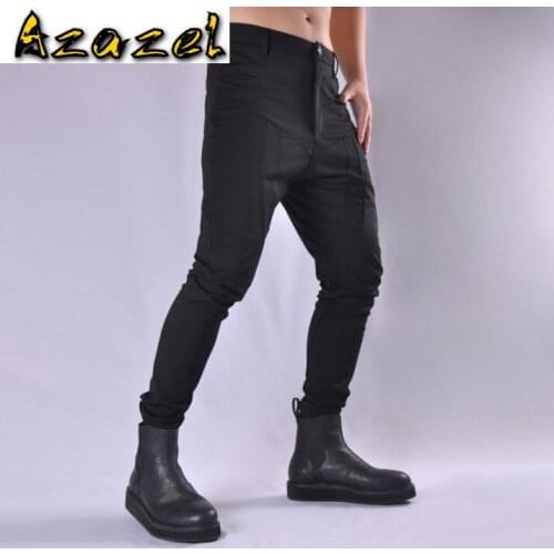 Quality Korean personality Hair stylist black pencil pants men slim trousers casual harem pants male elastic Black Cotton pants