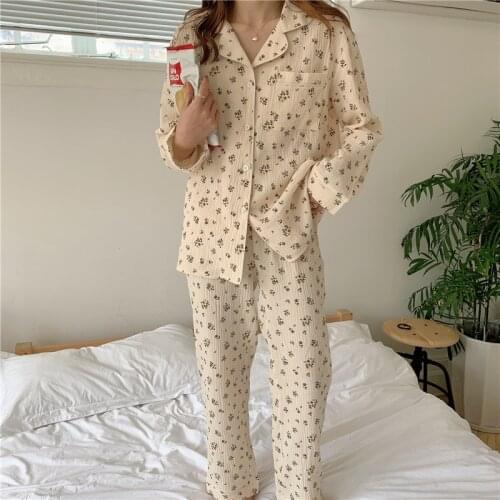 Autumn winter crepe cotton two piece set sleepwear women pajamas set long sleeve shirts pants home set floral print vintage Y106