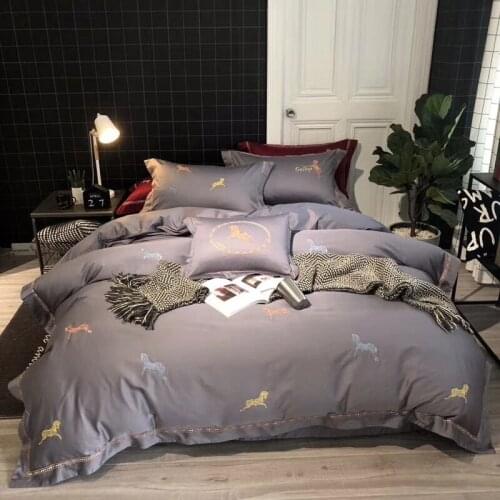 Grey 100S Embroidered Horse Egyptian cotton Royal Bedding sets Queen King Wedding Duvet cover Bed sheet set Pillowcases 4pcs