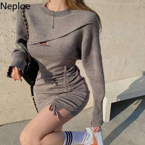Neploe Fashion Outfits for Women Sexy Lady Knit Sweater Cloak Bodycon Slim Drawstring Sling Mini Dress Female Two Piece Sets