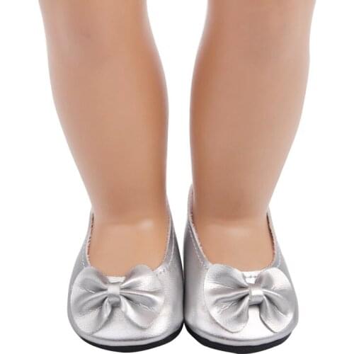 18 Inch American Doll Girls Princess Silver Bow Dress Shoes PU Newborn Baby Toys Accessories Fit 40-43 Cm Boy Dolls Gift s62