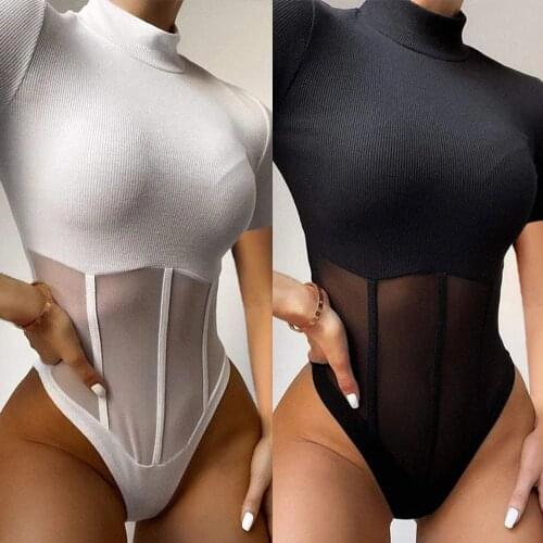Summer Jumpsuits For Women Slim Sexy Net Yarn Women Bodysuit Body Women Short Sleeve Black Shirt Romper Ladies Clothes Bodysuits