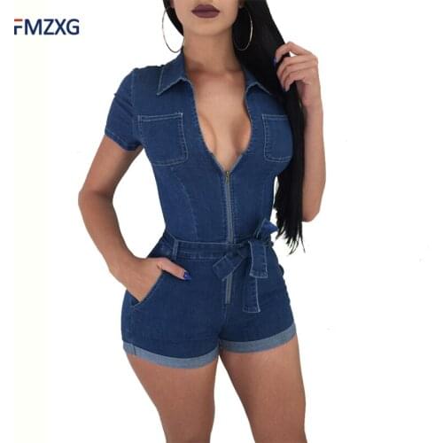 Summer Sexy Demin High Waist Short Jeans Jumpsuit Women Short Sleeve Sexy Zip Overalls Rompers Bodycon Playsuit One Piece Pants