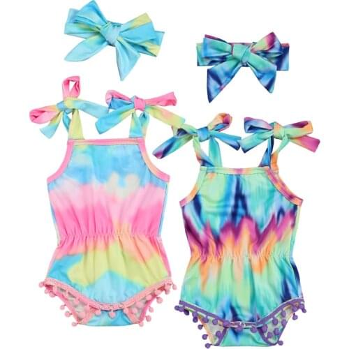 FOCUSNORM 2Colors Baby Girls Lovely Rompers Headband Tie-Dye Printed Strap Sleeveless Belt Tassel Jumpsuits
