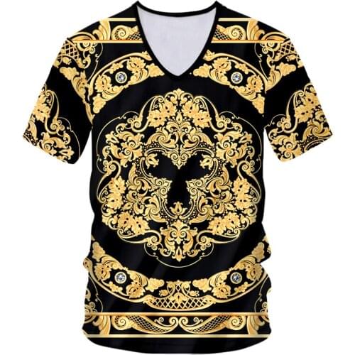 IFPD EU/US size Fashion Men Golden Flower 3D Print V-Neck T-shirts Summer Homme Short Sleeve Luxury Royal Baroque Mens Clothes