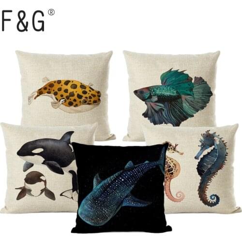 Marine Life Cushion Cover Sofa Cushion Soft Pillow Cover Turtle Fish Cushion Cover Home Decoration Cotton and Hemp Pillow Cover