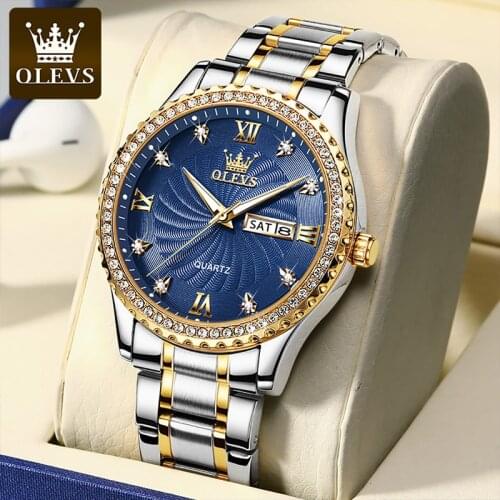 OLEVS New Mens Gold Diamond Quartz Movement Business Waterproof Date Day Watches Stainless Steel Strap Thin Dial Watch 5565
