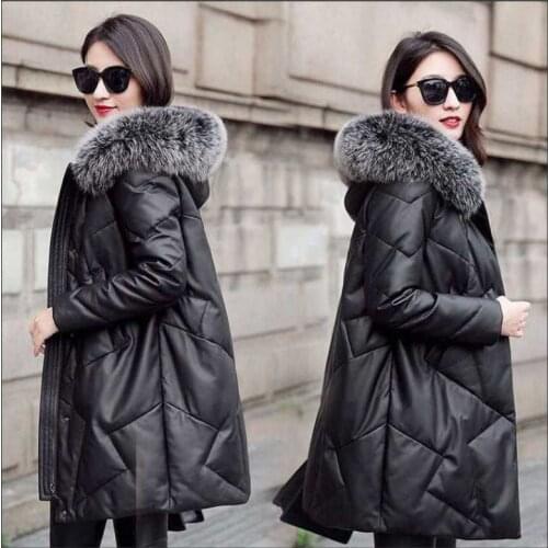 Winter New PU Leather Jacket Womens Mid-Length Imitated Fox Fur Detachable Fur Collar Loose Thick Fur Hooded Cotton Jacket