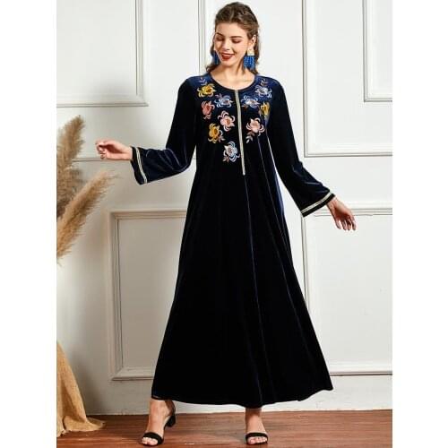 New Winter Velvet Maxi Long Dresses Elegant Gold Stamping Floral Printing Muslim Dress M - 4XL