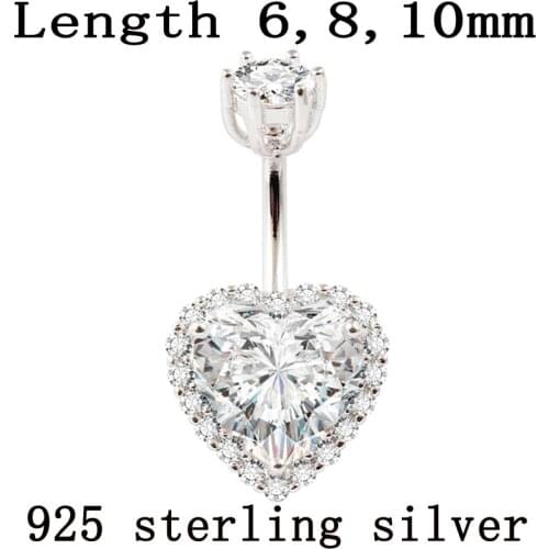 Real 925 sterling silver belly button ring women fine jewelry heart body piercing jewelry S925 6 8 10 mm navel bar zircon stones