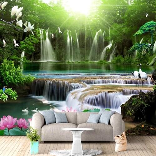Custom Self-Adhesive Wallpaper 3D Waterfall Landscape Mural Living Room TV Sofa Bedroom Home Decor 3D Waterproof Wall Stickers