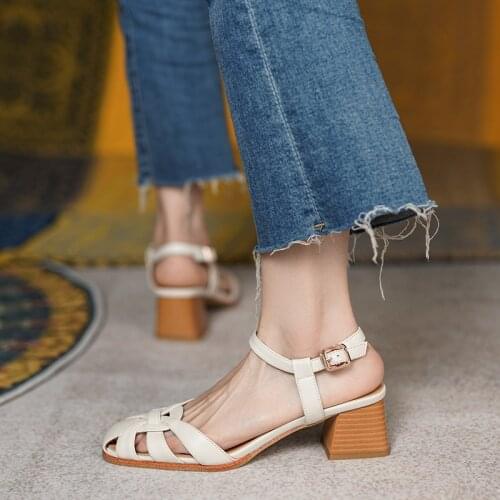 New Women Sandals Casual Genuine Leather Gladiator Sandals Fashion Buckle Strap Summer Shoes High Heels Handmade Shoes for Women