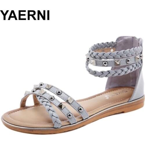 YAERNI 2021 New Ethnic Style Sandals Women Bohemia Sandals Ladies Shoes Summer Beach Flats Sandals Woven Rivet Retro Rome Shoes