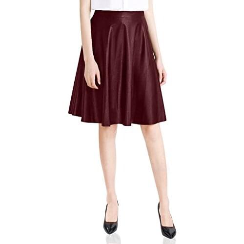 Womens High-waisted Faux Leather Skirt Midi pleated A-line Skirts