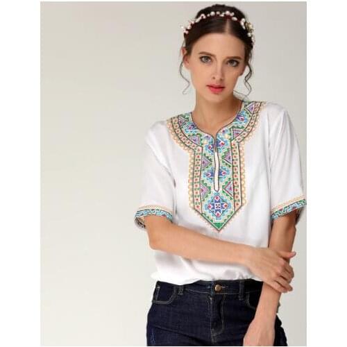 Women T shirt Xinjiang Uygur Ethnic Embroidery Summer Short sleeve Chinese folk