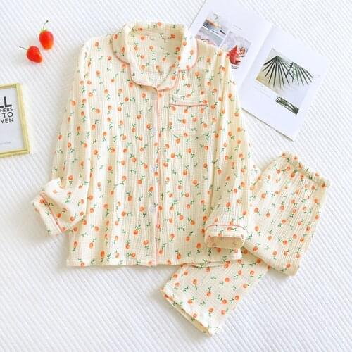 Spring / Autumn Cotton Crepe Womens Pajamas Long Sleeve Trouser Suits Cute Print Casual Sleepwear Home Clothes Two Piece Set