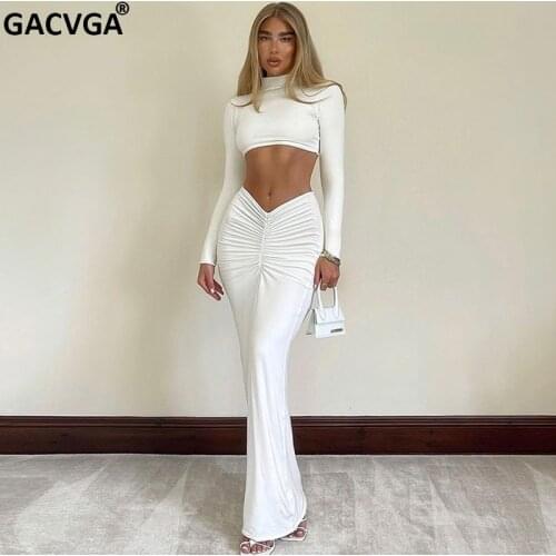 GACVGA Elegant White Maxi Dress Suits Long Sleeve Women 2 Piece Set Club Party Crop Tops And Long Skirt Sets Ruched Streetwear