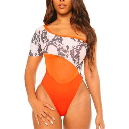One Shoulder Swimsuit Women Leopard Print Bodysuit Orange Mesh Patchwork Swimsuits African Printed Swim Suit Trikini 2020 NEW