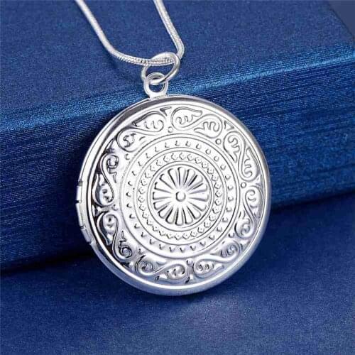 High quality 925 Sterling Silver classic round Photo frame Pendant Necklace for woman wedding party fashion Jewelry Gift