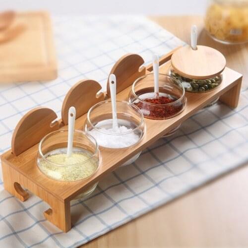 4Pcs/Set Glass Herb Spice Tools Seasoning Bottle Glass Salt Sugar Tea Dry Goods Storage Jars with Bamboo &wood Kitchen Utensils
