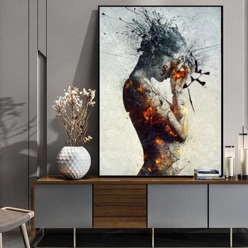 Abstract Fire Woman Painting Posters And Prints FIgure Canvas Painting Wall Art Pictures For Living Room Modern Home Decoration