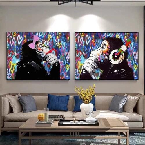 Abstract Funny Monkey Couple Canvas Painting Graffiti Animal Poster And Prints Wall Art Pictures for Living Room Decor No Frame