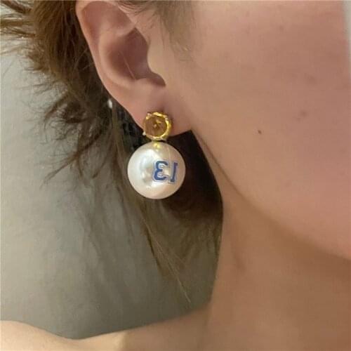 AOMU 2021 Fashion Trendy Pink Yellow Zircon Big Pearl Letter Number Graffiti Temperament Drop Earrings for Female Jewelry Gifts