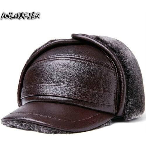 B-7194 Adult Earmuffs Genuine Leather Hat Male Faux Fur Baseball Caps Thicken Warmer Flat Hats Real Cowhide Ear Protective Cap
