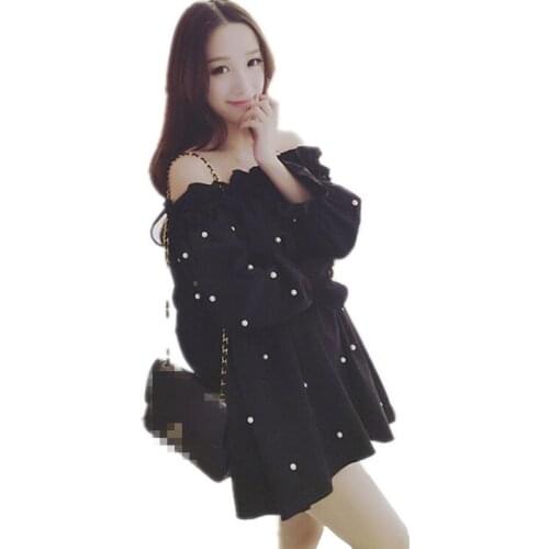 B2597 spring autumn 2020 new Korean version womens wear fashion loose and thin one-character shoulder dress cheap wholesale