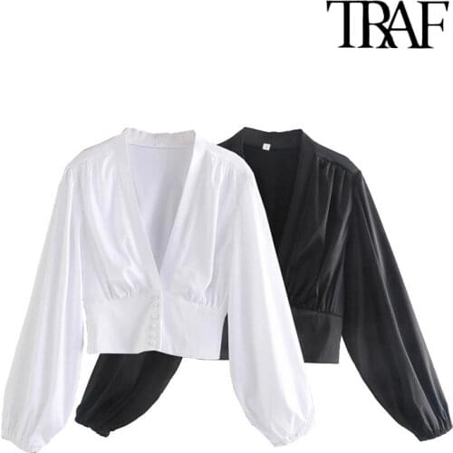 TRAF Women Fashion With Buttons Pleated Cropped Blouses Vintage Long Sleeve Fitted Female Shirts Blusas Chic Tops